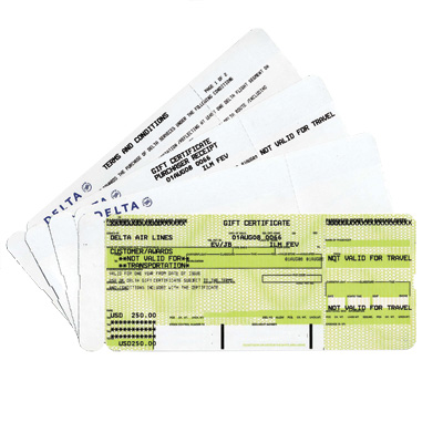 DELTA AIR LINES<sup>&reg;</sup> $400 Gift Card - Choose your ideal vacation destination and get going!  This gift certificate is redeemable for $400 towards an airline ticket booked with Delta Air Lines<sup>&reg;</sup>.  Delta flies to 481 destinations in 105 countries.